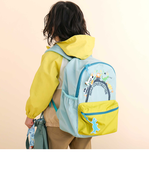 【お揃い】恐竜はたらくくるまワッペンチャーム付き配色ポケットリュック(M~L)