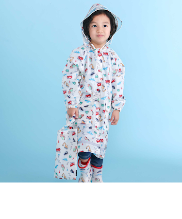 【お揃い】はたらくくるま花柄恐竜プリント総柄手提げ袋付きレインコート(95~135cm)