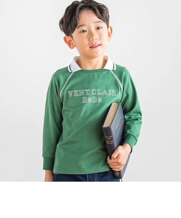 ラグラン編み立て襟付きロゴ刺しゅう長袖Tシャツ(90~150cm)