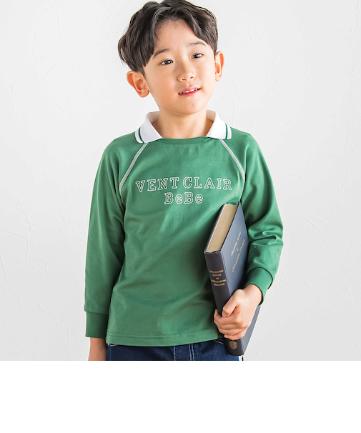 ラグラン編み立て襟付きロゴ刺しゅう長袖Tシャツ(90~150cm)