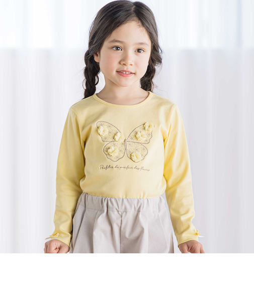 フラワーモチーフちょうちょ刺しゅうスムース長袖Tシャツ(80~150cm)