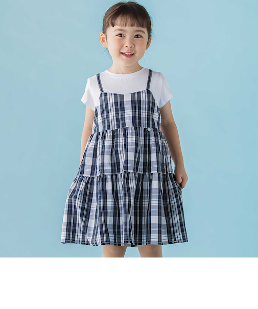 【店舗限定】マドラスチェックドッキングワンピース(95～150cm)