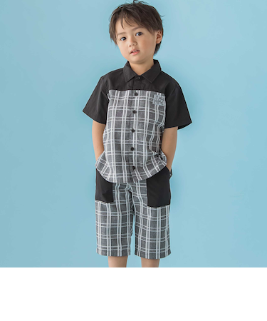 【店舗限定】無地×チェックトップス+ショートパンツセットアップ(95~150cm)
