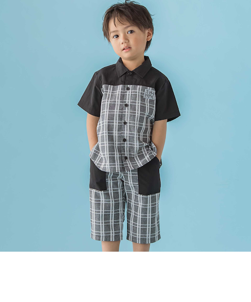 【店舗限定】無地×チェックトップス+ショートパンツセットアップ(95~150cm)
