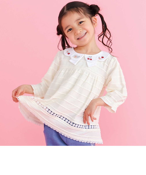 スカラップ襟フレア7分丈レーシー天竺Ｔシャツ(80~130cm)