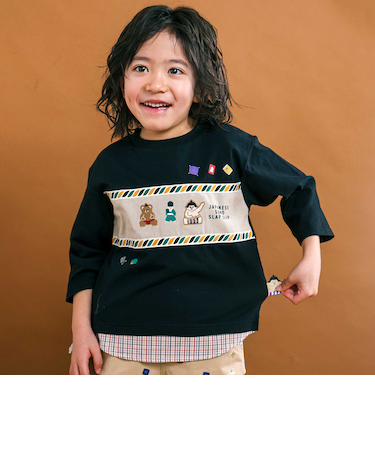 天竺シャンブレーチェック切り替え7分袖Tシャツ(80~130cm)