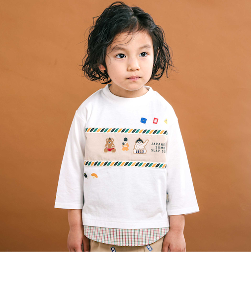 天竺シャンブレーチェック切り替え7分袖Tシャツ(80~130cm)