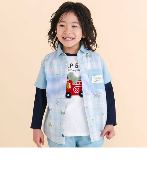 チェックストライプシャンブレー切り替えシャツ(80~130cm)