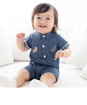 森のどうぶつプリントワッペン付きダンガリー半袖カバーオール(70~80cm)