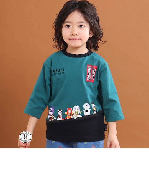【歌舞伎コラボ】ネコ歌舞伎切り替え7分丈天竺Ｔシャツ(80~130cm)