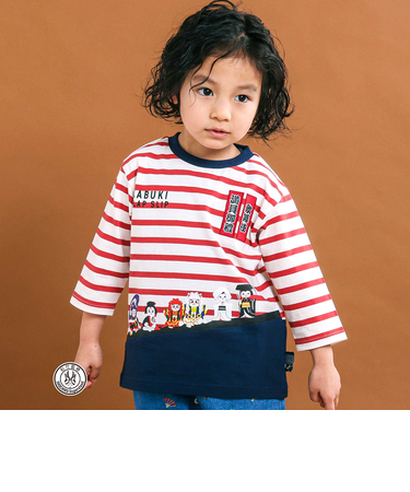 【歌舞伎コラボ】ネコ歌舞伎切り替え7分丈天竺Ｔシャツ(80~130cm)