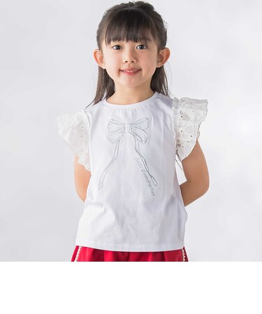 袖異素材リボン刺しゅうTシャツ(95~160cm)