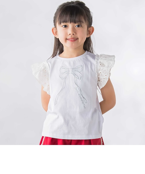 袖異素材リボン刺しゅうTシャツ(95~160cm)