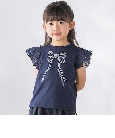 袖異素材リボン刺しゅうTシャツ(95~160cm)