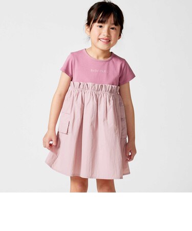 タフタ×天竺ギャザー切り替え半袖ワンピース(80~150cm)