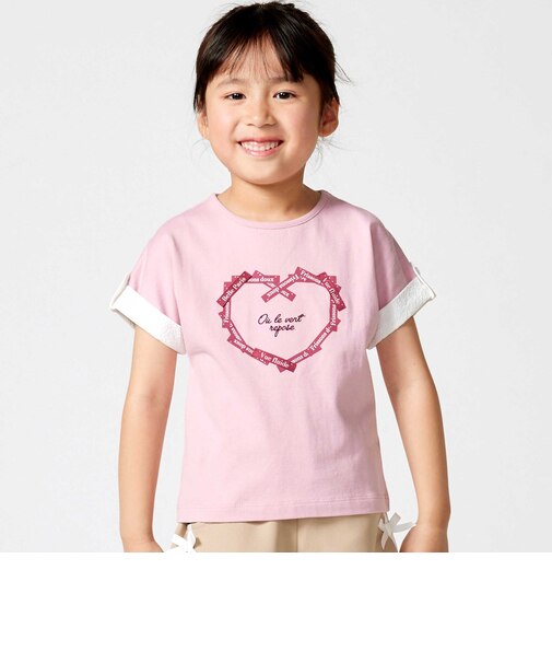 ラベルロゴハートモチーフ袖切り替え天竺半袖Tシャツ(90~150cm)