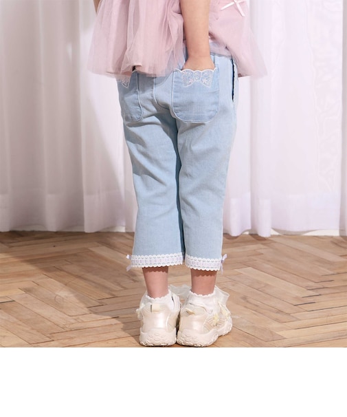 裾レースウエストフリル7分丈デニムニットパンツ(80~130cm)