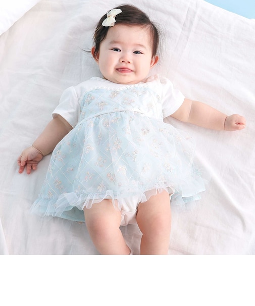 【お揃い】ビスチェ風ドッキング花チュールカバーオールベビー(70~80cm)