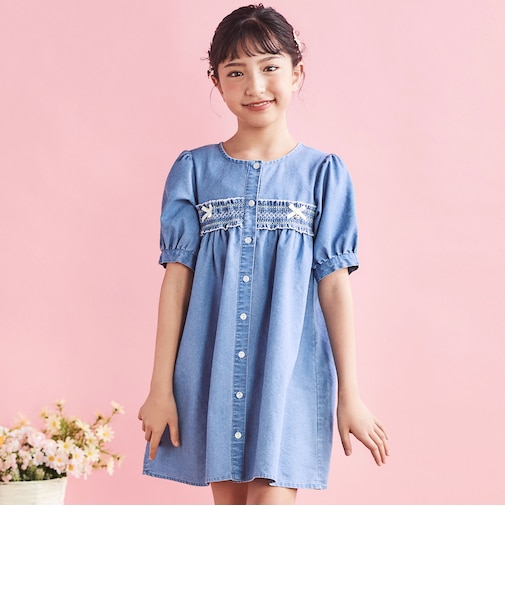 スモッキング刺しゅう7分袖デニムワンピース(80~130cm)