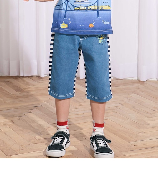 デニムニット&ストレッチツイル前後切り替え6分丈パンツ(80~130cm)