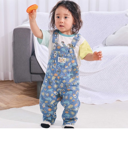 恐竜くるま宇宙船総柄7分丈サロペット(80~110cm)