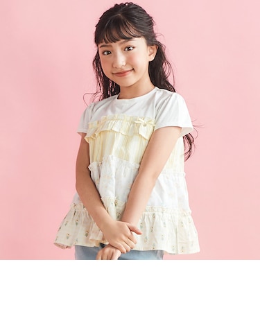 【お揃い】ストライプ総柄切り替えティアード天竺半袖Tシャツ(80~130cm)