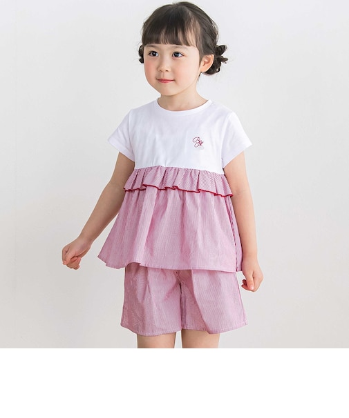 【店舗限定】ストライプ切り替えトップス＋ショートパンツセットアップ(95～150cm)