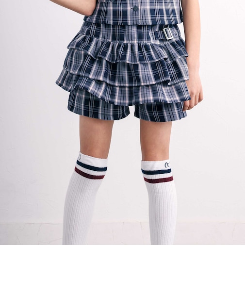 バックフリルプリーツチェックツイルスカパン(110~150cm)