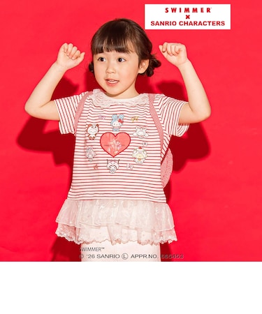【SWIMMERｘサンリオキャラクターズｘSLAPSLIP】ボーダー裾フリル襟レース天竺半袖Tシャツ(80~130cm)