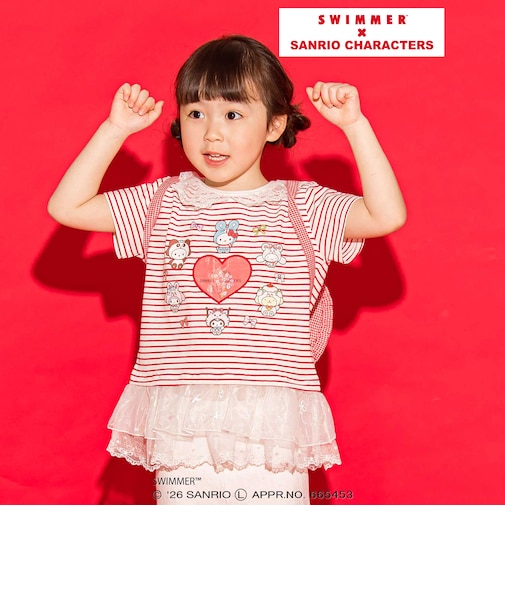 【SWIMMERｘサンリオキャラクターズｘSLAPSLIP】ボーダー裾フリル襟レース天竺半袖Tシャツ(80~130cm)