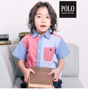 【POLO BCS(ポロ・ビーシーエス)×SLAP SLIPコラボ】カラー切り替えデニムストライプ半袖シャツ(80~130cm)