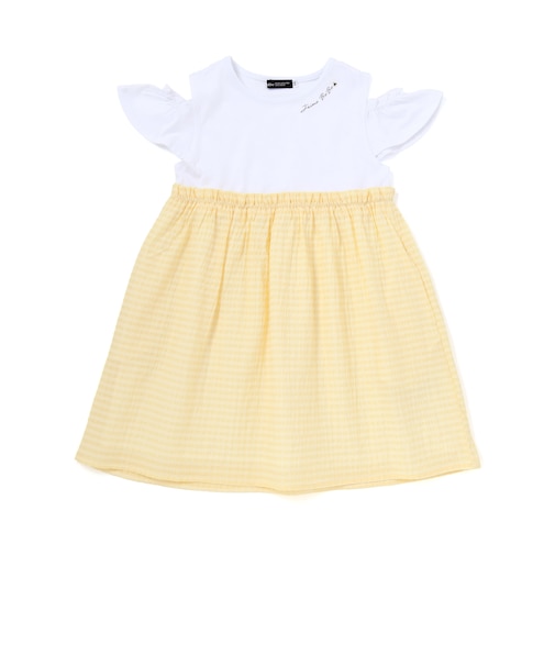 シアーチェックドッキング肩開きワンピース(90~150cm)