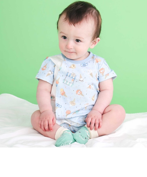 【お揃い】総柄プリント配色天竺カバーオールベビー(60~80cm)