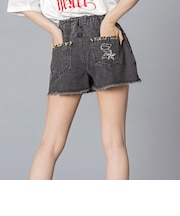 【 ニコ☆プチ 】ヒョウ柄ミックス デニム フリンジショートボトム(130~160cm)