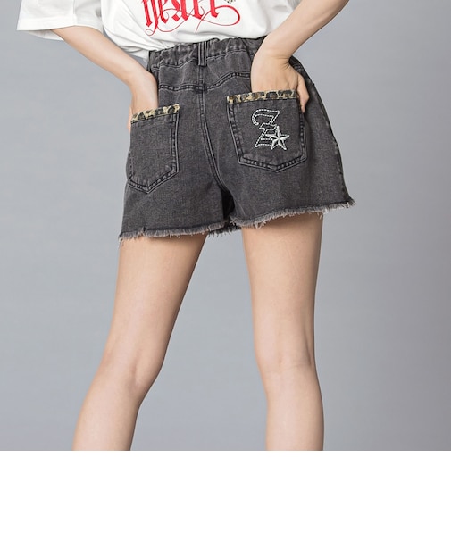 【 ニコ☆プチ 】ヒョウ柄ミックス デニム フリンジショートボトム(130~160cm)