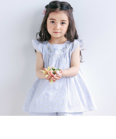 【お揃い】肩フリルストライプ&チェックチュニック(80~130cm)