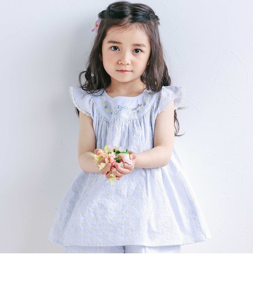 【お揃い】肩フリルストライプ&チェックチュニック(80~130cm)