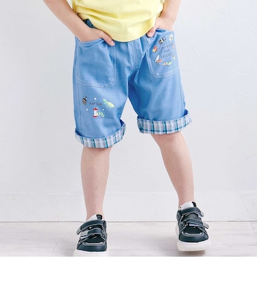 裾チェック折り返し5.5分丈ストレッチパンツ(80~130cm)