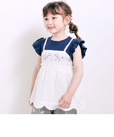 【お揃い】スカラップキャミストライプ&ドビー半袖Tシャツ(80~130cm)