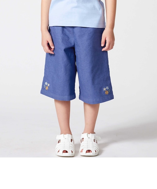 【抗菌・防臭】フラワー刺しゅうストレッチツイル6分丈ワイドパンツ(90~130cm)