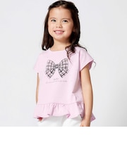 【接触冷感】チェックリボンプリント裾フリルヘムラインTシャツ(90~150cm)