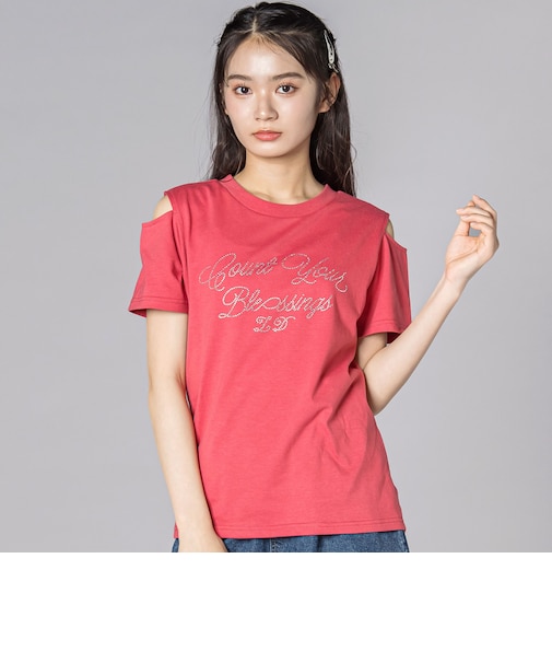 【接触冷感】ラインストーン肩あきTシャツ(130~160cm)