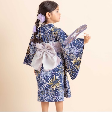 【お揃い】イチゴx花x花火総柄ショート丈プルオーバー浴衣+帯セット(80~130cm)