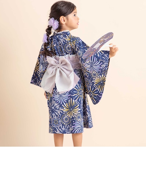 【お揃い】イチゴx花x花火総柄ショート丈プルオーバー浴衣+帯セット(80~130cm)