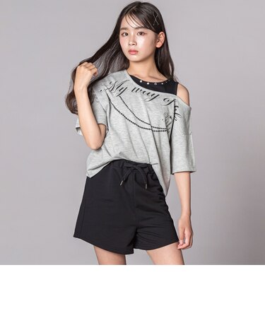 オフショルダー半袖Tシャツ＆パンツセット(130~160cm)