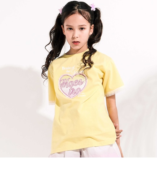 【接触冷感】袖レースハートパッチ天竺Tシャツ(110~150cm)