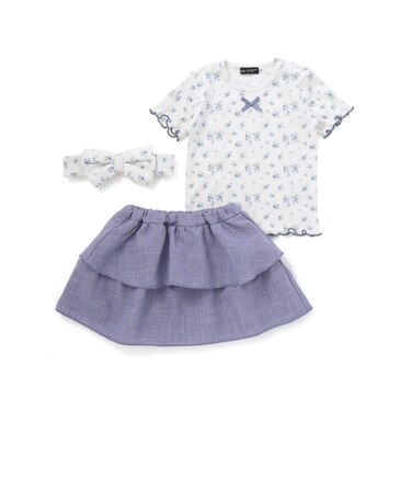花柄ワッフル半袖Tシャツ+ヒラミニスカパン+ヘアバンドセット(80~90cm)