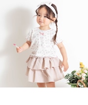 花柄ワッフル半袖Tシャツ+ヒラミニスカパン+ヘアバンドセット(80~90cm)