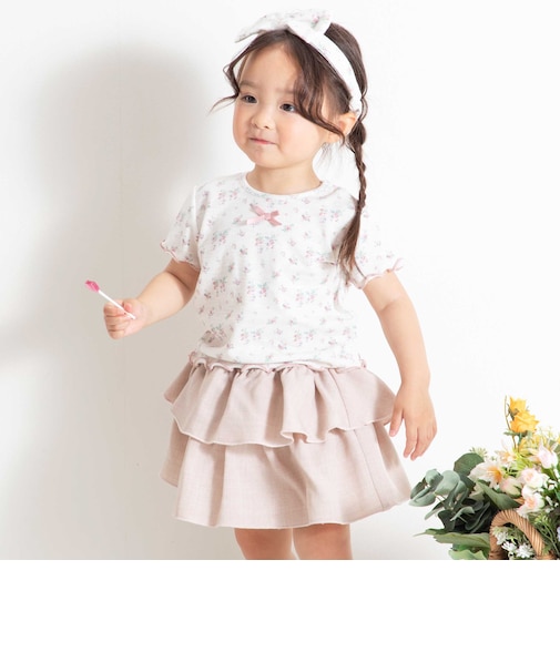 花柄ワッフル半袖Tシャツ+ヒラミニスカパン+ヘアバンドセット(80~90cm)