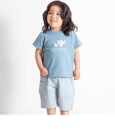 ゾウプリント天竺半袖Tシャツ+サイドポケットハーフパンツセット(80~90cm)
